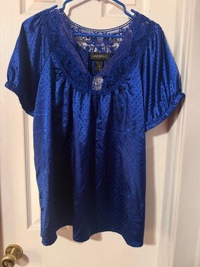 Lane Bryant Cobalt Blue Satin Blouse with Lace Yoke